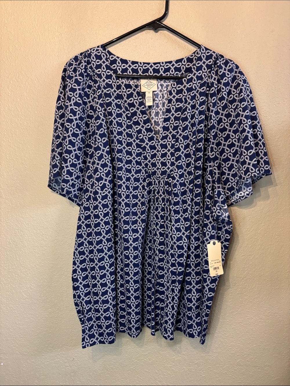 New St John’s Bay Blouse Women’s V-Neck Blue Pattern Short Sleeve Classic Top 3X